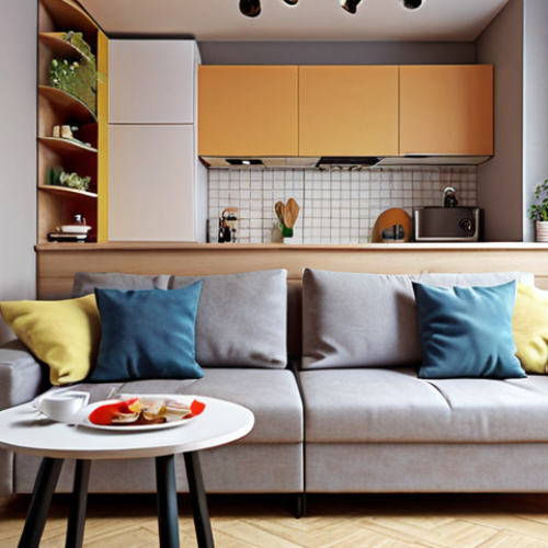 Home 25 **
A cozy, small Russian apartment showcasing multifunctional furniture. The scene features a sofa that transforms into a bed and a coffee table that extends into a dining table. Focus on the clever use of space and practical design elements. Include a neutral color palette with pops of color from cushions and decor. The style should be realistic and inviting, highlighting the "smart living" aspect.
**
