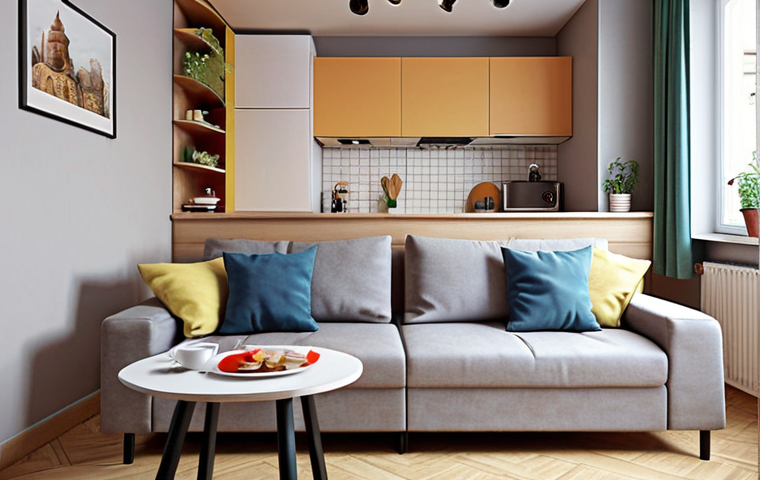 **
A cozy, small Russian apartment showcasing multifunctional furniture. The scene features a sofa that transforms into a bed and a coffee table that extends into a dining table. Focus on the clever use of space and practical design elements. Include a neutral color palette with pops of color from cushions and decor. The style should be realistic and inviting, highlighting the "smart living" aspect.
**
