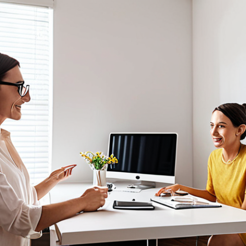 Home 24 **
A person interviewing a living coordinator in a bright, modern home office. Focus on the comfortable atmosphere and collaborative discussion of interior design ideas (style, budget, functionality).
**