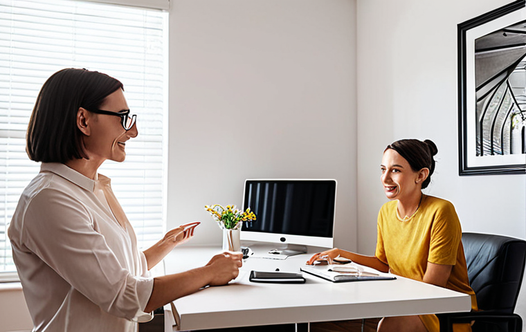 **
A person interviewing a living coordinator in a bright, modern home office. Focus on the comfortable atmosphere and collaborative discussion of interior design ideas (style, budget, functionality).
**