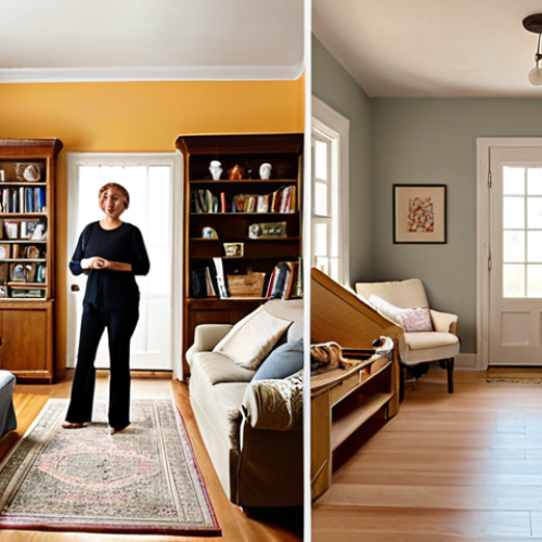 Home 23 **Prompt 1: The Triumph of Transformation**
"A heartwarming 'before and after' split image set in a cozy, traditionally styled Russian living room. On the 'before' side, the room is subtly cluttered with everyday items, stacks of books, and perhaps a child's forgotten toy, yet retains a sense of lived-in warmth. On the 'after' side, the same room is impeccably organized, decluttered, and radiates tranquility, with soft natural light enhancing the sense of spaciousness. A professional home organizer, with a calm, satisfied smile, stands near a beaming female client who gestures proudly at her revitalized space, conveying profound relief and gratitude. Emphasize the emotional impact of order and the deep satisfaction of helping others."