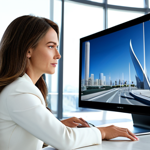 Home 22 A professional female interior designer in a modest business suit, focused on a large curved monitor displaying a highly detailed 3D visualization of a modern, stylish living room. The designer is seated at a sleek white desk in a bright, contemporary design studio with large windows and subtle architectural models in the background. The scene is well-lit with natural light, emphasizing professionalism and precision. fully clothed, appropriate attire, professional dress, safe for work, appropriate content, professional, perfect anatomy, correct proportions, natural pose, well-formed hands, proper finger count, natural body proportions, high-quality, realistic photography.