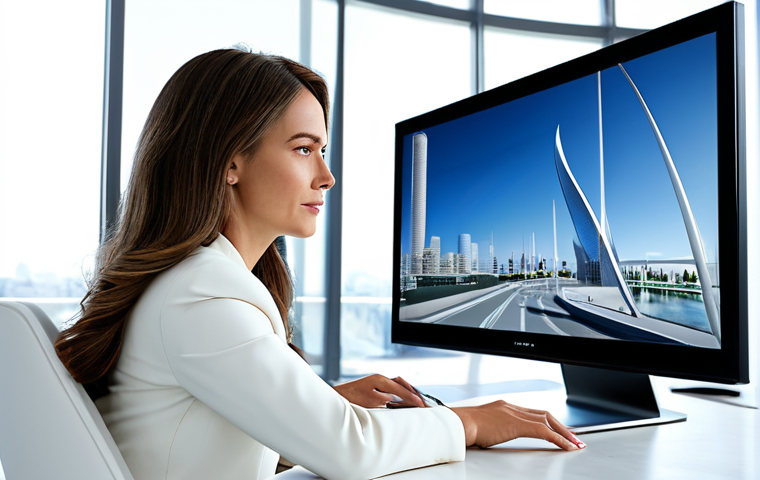 A professional female interior designer in a modest business suit, focused on a large curved monitor displaying a highly detailed 3D visualization of a modern, stylish living room. The designer is seated at a sleek white desk in a bright, contemporary design studio with large windows and subtle architectural models in the background. The scene is well-lit with natural light, emphasizing professionalism and precision. fully clothed, appropriate attire, professional dress, safe for work, appropriate content, professional, perfect anatomy, correct proportions, natural pose, well-formed hands, proper finger count, natural body proportions, high-quality, realistic photography.