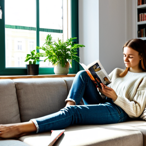 Home 9 Cozy Apartment Interior**
"A bright and inviting living room in a modern apartment in Moscow, Russia. Sunlight streams through large windows, illuminating a comfortable sofa with decorative pillows, a stylish coffee table with magazines, and a bookshelf filled with books and plants. A young woman, fully clothed in a casual sweater and jeans, is relaxing on the sofa, reading a book. Perfect anatomy, natural pose, correct proportions, well-formed hands, proper finger count. Safe for work, appropriate content, fully clothed, family-friendly, professional photography, high quality."
**