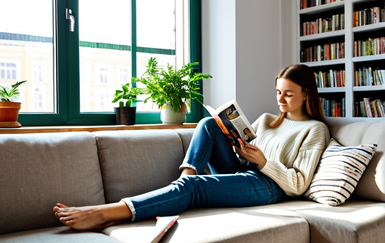 Cozy Apartment Interior**

"A bright and inviting living room in a modern apartment in Moscow, Russia. Sunlight streams through large windows, illuminating a comfortable sofa with decorative pillows, a stylish coffee table with magazines, and a bookshelf filled with books and plants. A young woman, fully clothed in a casual sweater and jeans, is relaxing on the sofa, reading a book.  Perfect anatomy, natural pose, correct proportions, well-formed hands, proper finger count.  Safe for work, appropriate content, fully clothed, family-friendly, professional photography, high quality."

**