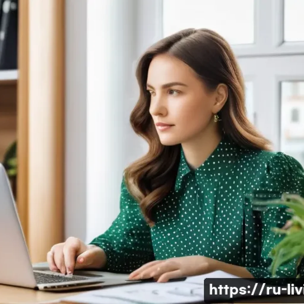 리빙코디네이터 해외 취업 준비 - **Prompt:** A determined Russian woman in her late 20s, with a focused expression, is seated at a we...