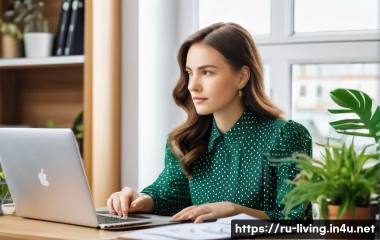 리빙코디네이터 해외 취업 준비 - **Prompt:** A determined Russian woman in her late 20s, with a focused expression, is seated at a we...