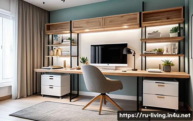 리빙코디네이터 트렌드 분석 - A modern Russian living coordinator’s workspace featuring a sleek home office with ergonomic furnitu...