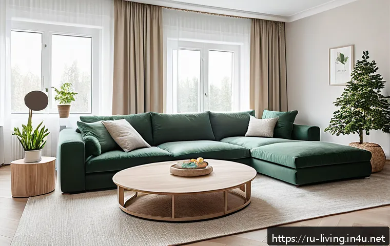 리빙코디네이터 창업 가이드 - A modern, minimalist living room interior designed for a young Russian family in Moscow, featuring e...