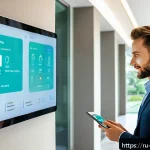 리빙코디네이터 직무의 미래 기술 적용 - A modern residential complex lobby featuring a living coordinator monitoring multiple IoT smart devi...