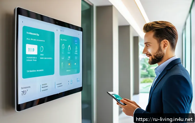 리빙코디네이터 직무의 미래 기술 적용 - A modern residential complex lobby featuring a living coordinator monitoring multiple IoT smart devi...